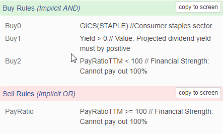 Portfolio123 portfolio Buy and Sell rules for KISS 101 investing strategy