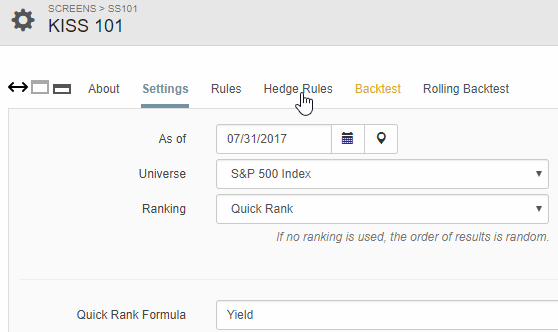 Portfolio123 screener universe and ranking for KISS 101 investing strategy