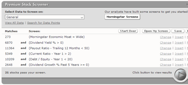 MorningStar Premium set up as a Dividend Stock Screener using Wide Economic Moat