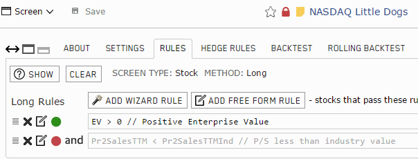 Portfolio123 NASDAQ Little Dogs RULES tab