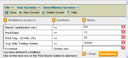 Tiny Titans screen in SmartMoney Stock Screener