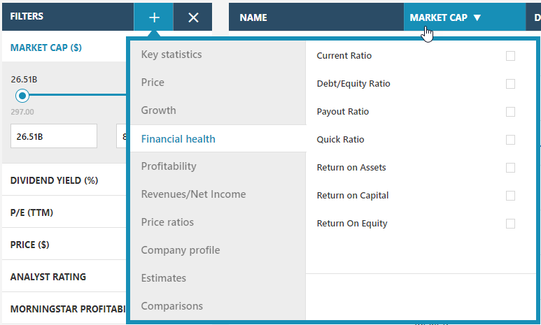 MSN Stock Screener criteria selection form