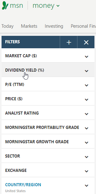 MSN Stock Screener default settings