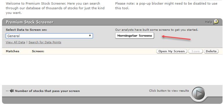 MorningStar Premium stock screener initial form