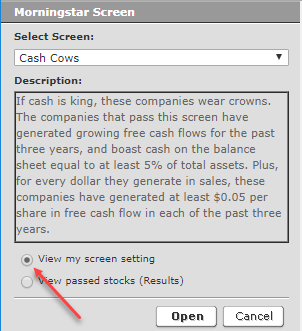 MorningStar pre-built screen selection