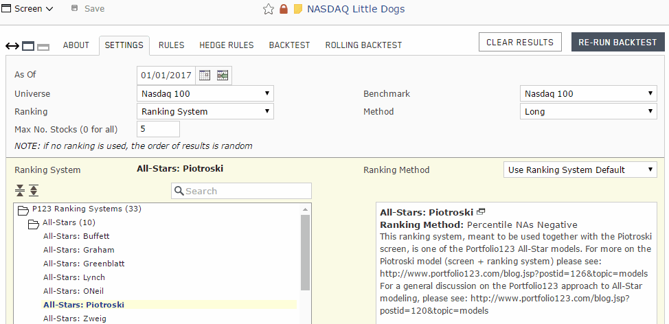 Portfolio123 NASDAQ Dogs SETTINGS tab  where universe, ranking system, benchmark and max number of passing stocks are identified.