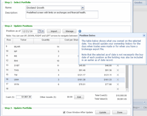 StockRover portfolio of holdings based on the results of dividend growth screen