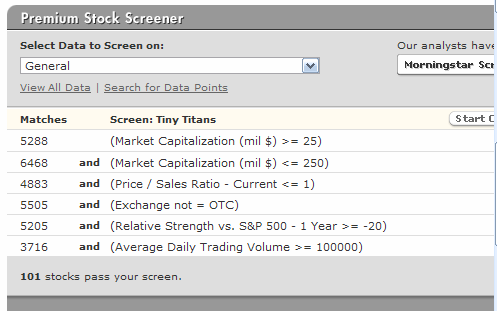 Tiny Titans screen using Morningstar screener