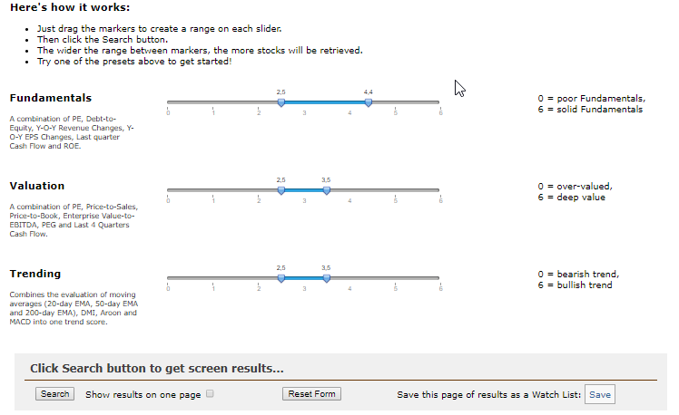 TradingStockAlerts Easy Screener input screen