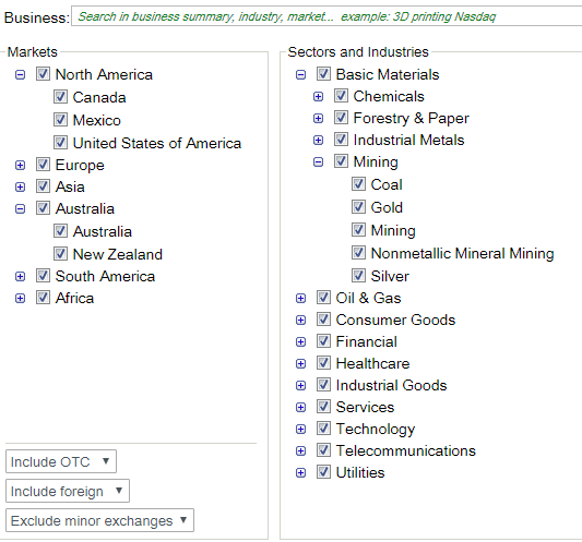 Uncle Stock Market, Exchange and Sector selection form