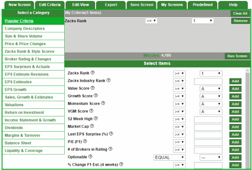 Zacks Premium form to enter screening criteria